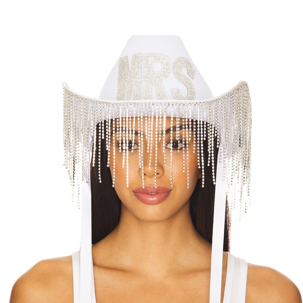 White Rhinestone Fringe Hat